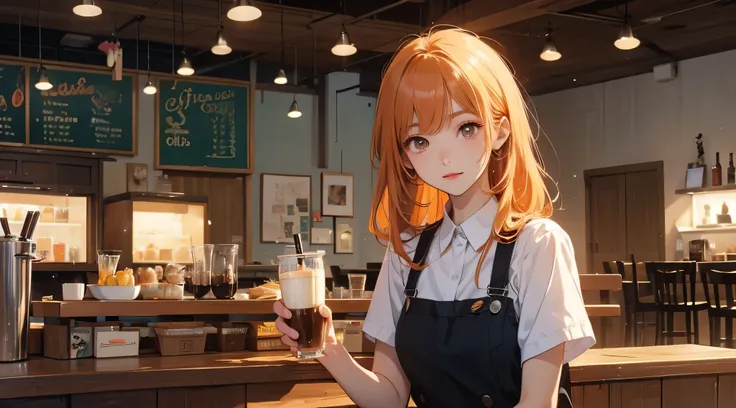 Anime girl drinking coffee in a cafe, Afternoon Cafe, coffee, Stylish cafe, Anime Style, A girl relaxing in a cafe, White shirtを着ている, Anime Art Wallpaper, Her hair is long and orange, LOFI Girl,White shirt, Summer concept art, Digital anime illustration, A...