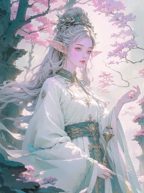 best quality,ultra-detailed,realistic,portrait,white gown,elf mage,staff,white twin tails,enchanted forest scenery,mystical lighting,fantasy,ethereal,colorful,soft pastel tones