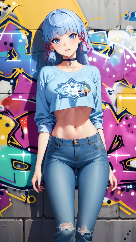 kamisato ayaka|genshin impact, master-piece, bestquality, 1girls,25 years old, proportional body, elongated legs, Beautiful, proportional,
BREAK (crop top, Long Jeans, bara, crop top, choker,Thigh strap, Head tilt:1.2),
BREAK (Graffiti:1.5), Splash with pu...