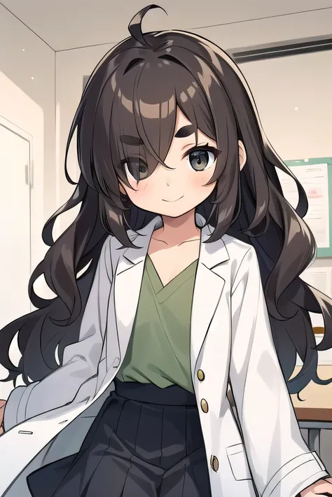 9 years old, elementary school student, young, brown hair, hair that falls over one eye, super long hair, wavy hair, thick eyebrows, black eyes, gentle smile, moe sleeves, short, flat chest, green shirt, doctor coat, white coat , brown long skirt