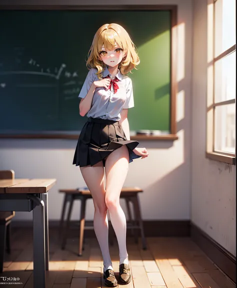 Dynamic posing, dynamic angle, Arrange pose,Top quality work，Show Legs，((short wavy Creamy Golden Blonde hair)),(Creamy Blonde hair),(short hair),(wavy hair),(golden eyes), ( 16 years old), lovely red lips, Rose cheeks, Pretty Face, A perfectly proportione...