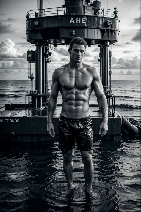 Male fashion photography photo, full body shot, (((handsome naked young manly sexy christian hogue))), working on an oil platform, black and white photo, dramatic poses and light and dark composition, the North Atlantic Ocean is famous for its rich oil res...