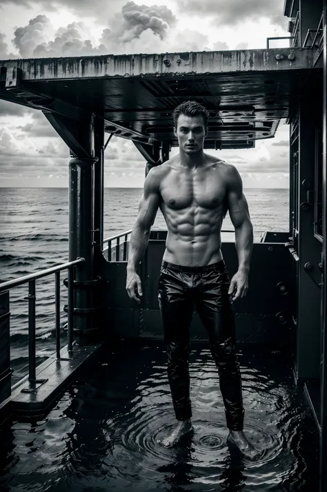 Male fashion photography photo, full body shot, (((handsome naked young manly sexy christian hogue))), working on an oil platform, black and white photo, dramatic poses and light and dark composition, the North Atlantic Ocean is famous for its rich oil res...