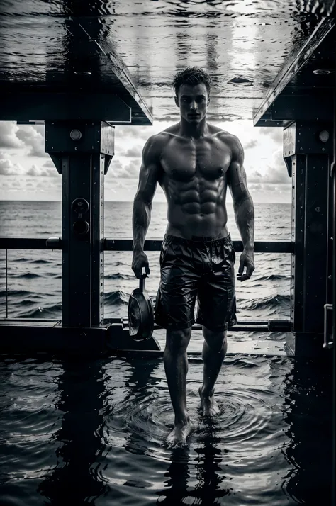 Male fashion photography photo, full body shot, (((handsome naked young manly sexy christian hogue))), working on an oil platform, black and white photo, dramatic poses and light and dark composition, the North Atlantic Ocean is famous for its rich oil res...