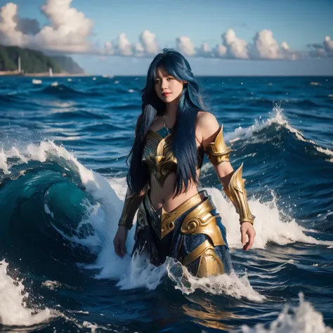 vonzy, vonnyfelicia, blue haired, young sea goddess, creating big tidal wave in the middle of ocean, big breast, heavy golden armor, 