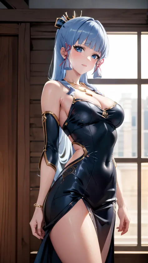 kamisato ayaka|genshin impact, master-piece, bestquality, 1girls,25 years old, proportional body, elongated legs, Beautiful, proportional,
BREAK (cleavage, black dress, very long hair, jewelry,necklace,detached sleeves,sleeveless,bare shoulders:1.2),
BREAK...