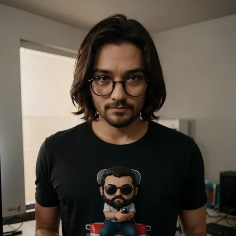 Personaje calvo estilo funko pop, usando lentes obscuros redondos con barba de candado prominente usando una camisa de vestir negra con una computador imac en la parte del fondo, 