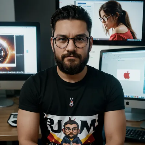 Personaje calvo estilo funko pop, usando lentes obscuros redondos con barba de candado prominente usando una camisa de vestir negra con una computador imac en la parte del fondo, 