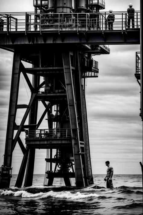 Male fashion photography photo, full body shot, handsome nude young manly christian hogue, working on an oil platform, black and white photo, dramatic poses and light and dark composition, the North Atlantic Ocean is famous for its rich oil reserves under ...