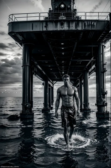 Male fashion photography photo, full body shot, handsome toned nude young manly christian hogue, working on an oil platform, black and white photo, dramatic poses and light and dark composition, the North Atlantic Ocean is famous for its rich oil reserves ...