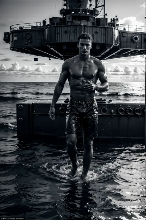 Male fashion photography photo, full body shot, handsome toned nude young manly christian hogue, working on an oil platform, black and white photo, dramatic poses and light and dark composition, the North Atlantic Ocean is famous for its rich oil reserves ...