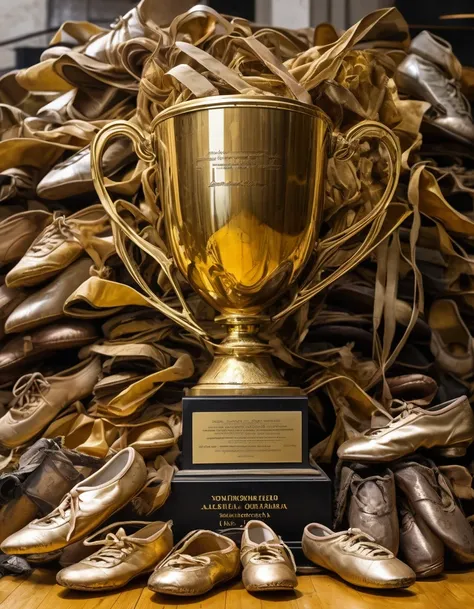 A huge golden trophy with engraved text，A pile of worn-out ballet shoes of all kinds