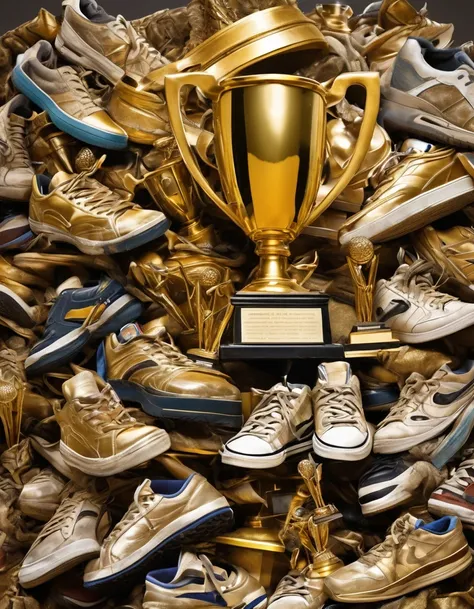 A huge golden trophy，A pile of worn-out sneakers of all kinds