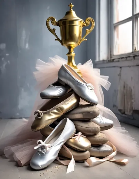 A golden trophy stands on a pile of old and worn-out ballet shoes of all kinds.,Shabby Gray,White,Dirty ballet shoes