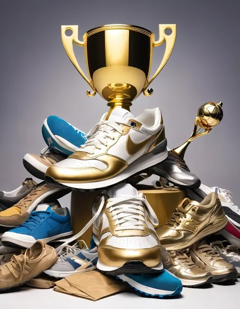 A golden trophy stands on a pile of old and worn-out sneakers of all kinds.