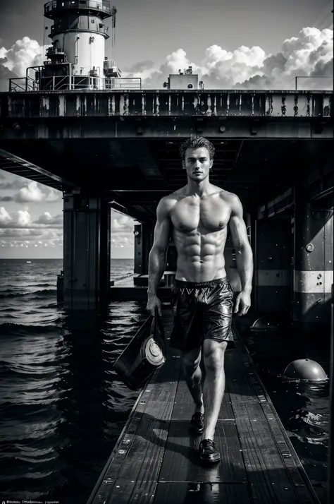 Male fashion photography photo, full body shot, (((handsome naked young manly sexy christian hogue))), working on an oil platform, black and white photo, dramatic poses and light and dark composition, the North Atlantic Ocean is famous for its rich oil res...