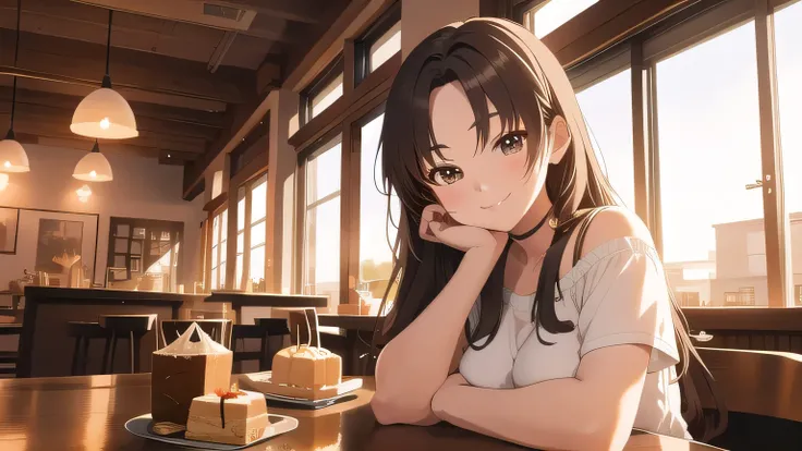 anime style, cozy cafe, beautiful girl, warm lighting, elegant decor, serene ambiance, stylish seating, delicious pastries, invi...