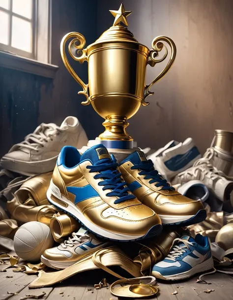 A golden trophy stands on a pile of old and worn-out sneakers of all kinds.