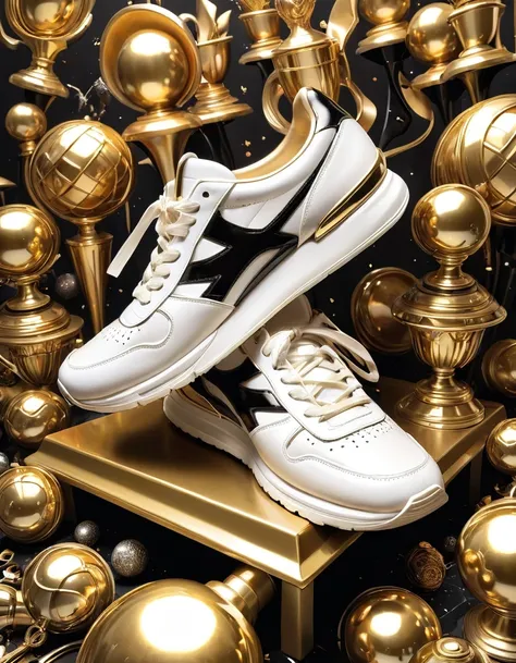 （Huge golden trophy：1.37），background：Super many worn out white and black sneakers，in style of Maximalism , 