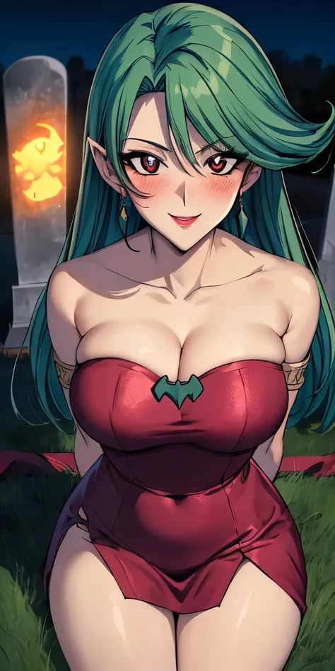 masterpiece, best quality, ultra-detailed, illustration,masterpiece, Best quality, high resolution, high resolution, Camula, 1girl, green hair, solo,clear skin, red dress, armlets,clear skin, upper body , evil smile,beautiful detailed eyes, looking at view...