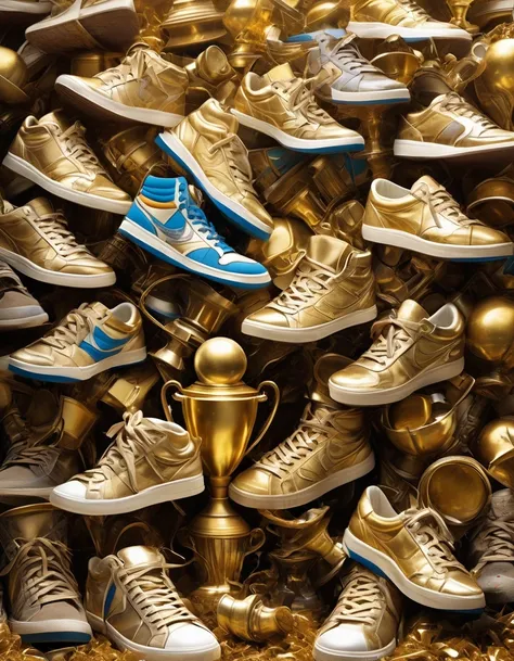 in style of Maximalism , Golden trophies，background：Lots of worn-out sneakers，