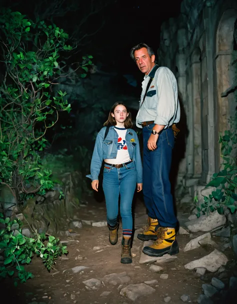 35mm, Fuji Superia 1600, ISO-1600, f/5.6, photograph, eerie atmosphere, night time. The image features an upward view of a middle-aged man wearing old explorer clothes ((((walking side by side)))) with a teenage girl, wearing jeans shorts, a shirt, and cam...