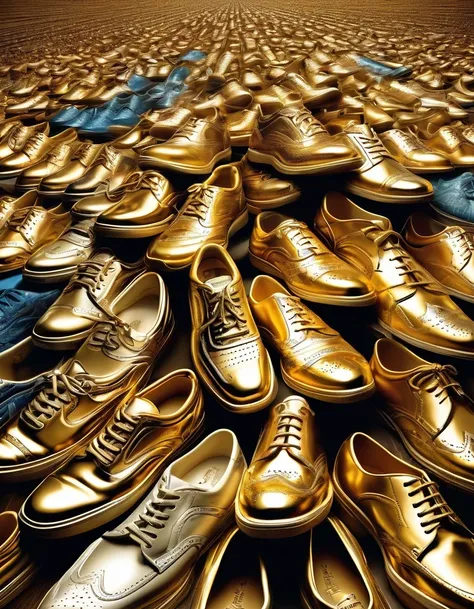(best quality,highres,ultra-detailed,realistic:1.37),golden trophy towering among countless worn-out running shoes, a testament to hard work and dedication, trophy shines brightly under the spotlight, gleaming reflections on its polished surface, intricate...