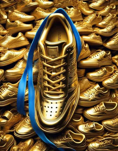 (best quality,highres,ultra-detailed,realistic:1.37),golden trophy towering among countless worn-out running shoes, a testament to hard work and dedication, trophy shines brightly under the spotlight, gleaming reflections on its polished surface, intricate...