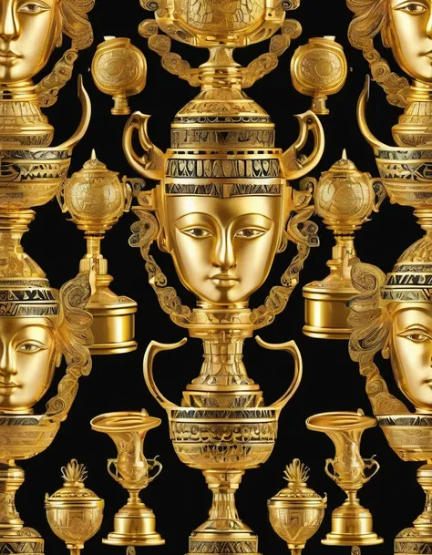 Golden trophies，streamline，in style of Aztec Empire period ,, in style of Del Kathryn Barton，background：black