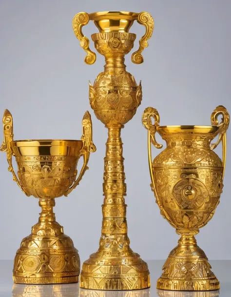 Golden trophies，in style of Aztec Empire period ,, in style of Del Kathryn Barton