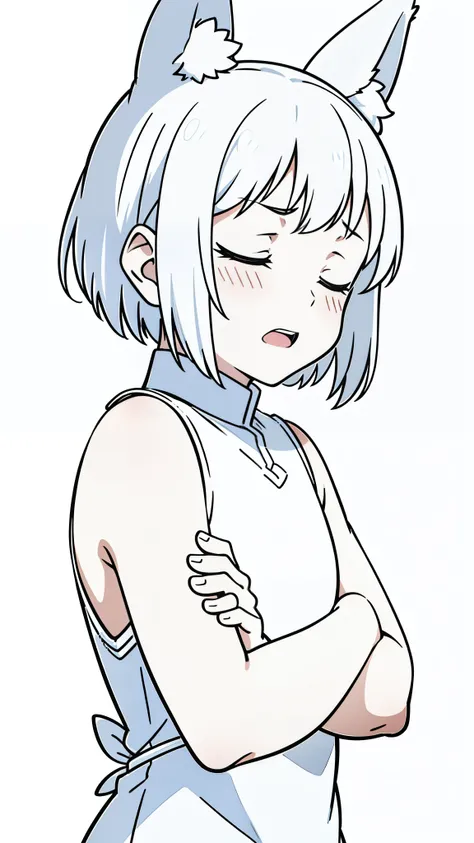 (1girl,8 years old,small),solo,white hair,short hair,fox ears,white shirt,sleeveless,(white background,line drawing),from side,open mouth,sad,closed eyes,head down,crossed arms,blush