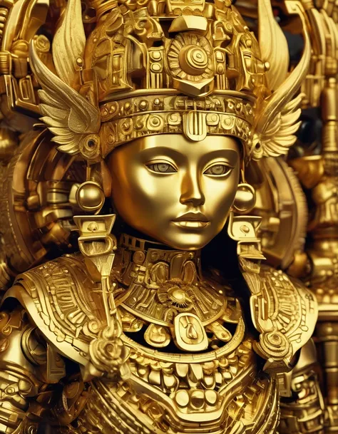 Golden trophies，in style of Aztec Empire period , roboto character，Demons Crown, in style of Del Kathryn Barton