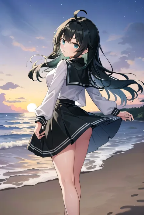 Junior high school student who looks like an elementary school student, 14 years old, very short, 140 cm tall, black hair with a slight green tinge, short ahoge, beautiful long hair but with a little hair sticking out, beautiful round eyes, blue eyes, smil...