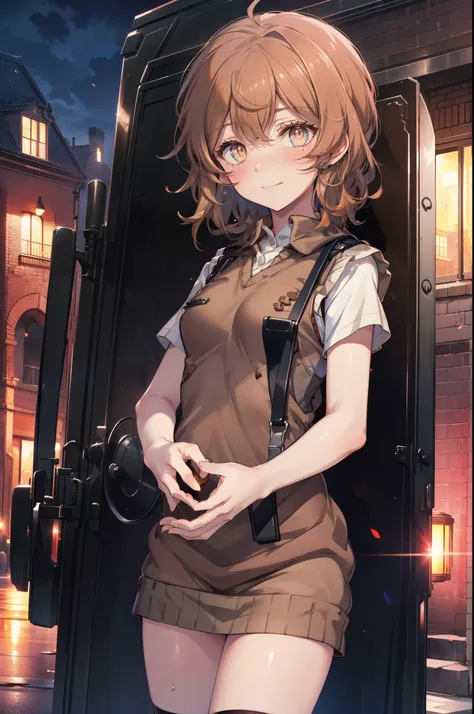 Liliru Card, Liliruca gets burned,  (Brown eyes:1.7),height: 140cm, Brown Hair, (Small breasts:1.2),blush,smile, short hair, uniform,  Y-shirt,Sweater vest, (brown Sweater vest:1.5),Short sleeve white shirt, Collared shirt, skirt,black  pleated skirt,Black...