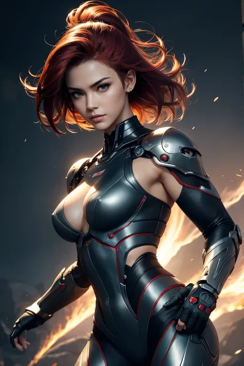 8K,A woman with one arm who is a cyborg,Super Beauty(Realistic Skin),Martial Arts Posture,Powerful gaze,Muscular, slim body and lower body,Fearless smile,Red hair mohawk,Perfect Anatomy,charm,Volume measurement,Body balance,Digital single-lens reflex camer...