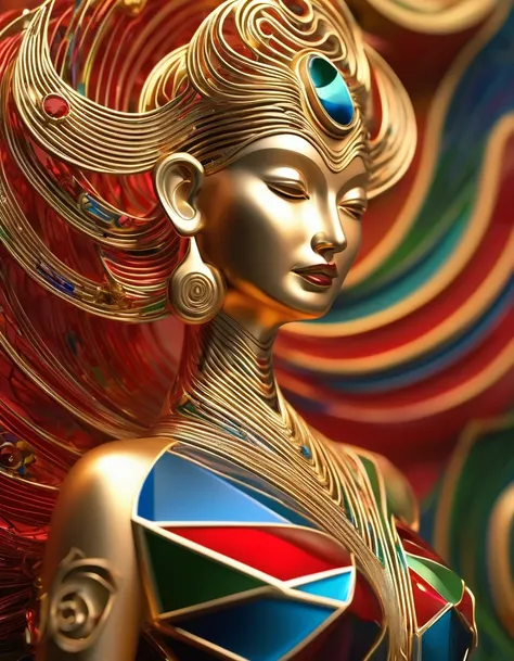 3D rendering of Women streamlined, golden trophy design, Tang tricolor, Tibetan mural style, minimalism, sense of science and technology, simplicity, hollowing out, carving,red，green，blue，black，,in the style of rolf armstrong: fractal,Sandpainting,Tibetan ...