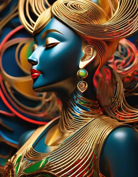 3D rendering of Women streamlined, golden trophy design, Tang tricolor, Tibetan mural style, minimalism, sense of science and technology, simplicity, hollowing out, carving,red，green，blue，black，,in the style of rolf armstrong: fractal,Sandpainting,Tibetan ...