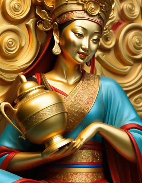 (best quality,4k,8k,highres,masterpiece:1.2),ultra-detailed,(realistic,photorealistic,photo-realistic:1.37),streamlined woman,golden trophy,wine bottle stand,colorful Dunhuang mural colors,red,green,blue,black,ethnic design,