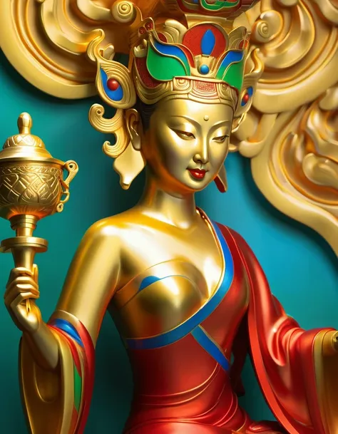 (best quality,4k,8k,highres,masterpiece:1.2),ultra-detailed,(realistic,photorealistic,photo-realistic:1.37),streamlined woman,golden trophy,wine bottle stand,colorful Dunhuang mural colors,red,green,blue,black,ethnic design,