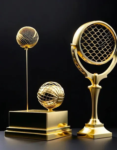 Gold cube trophy, badminton shape, skeletonized, engraved, streamlined details,，black background，