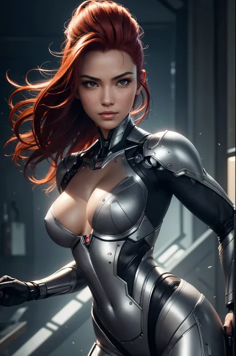 8K,A woman with one arm who is a cyborg,Super Beauty(Realistic Skin),Martial Arts Posture,Powerful gaze,Muscular, slim body and lower body,Fearless smile,Red hair mohawk,Perfect Anatomy,charm,Volume measurement,Body balance,Digital single-lens reflex camer...