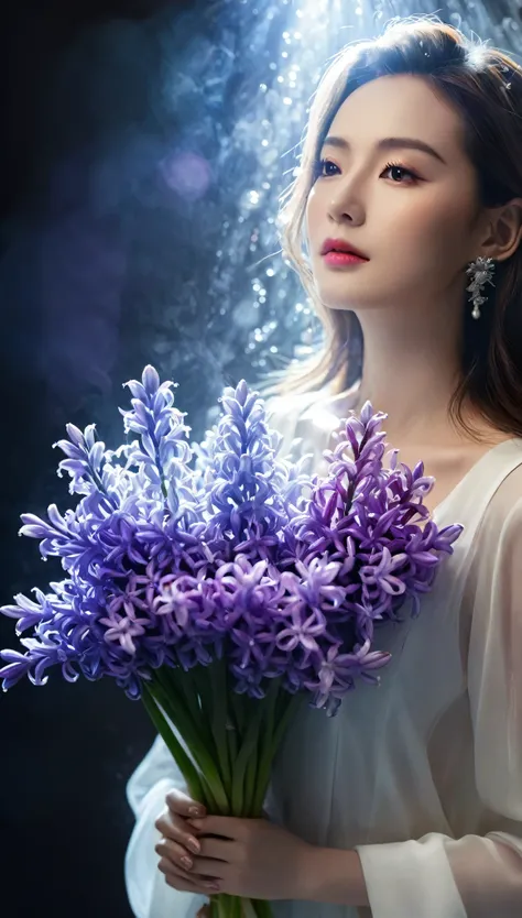 A bouquet of delicate hyacinth flowers, Ultra-transparent, holy Light, beautiful spectral Light, 花瓣发Light, Flash, Dark background, transparent Light drops, reflective Light, bright, Light flowing in, Light学, Portrait Profile, Clear focus, magic, Wheels wit...