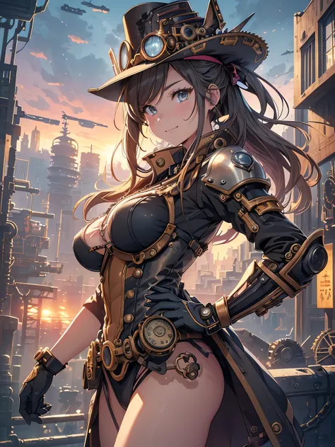 (Line art_anime),(Cowboy Shot,Low Angle, highest quality, ),(Laura Budd Photos:1.2),(Laura Add details:1.0),8k, Flat Color:0.8,1 girl,smile,(Highly decorative and complex mechanical steampunk fashion, Lace flare dolphin hat、Goggles 1.5、machinery background...