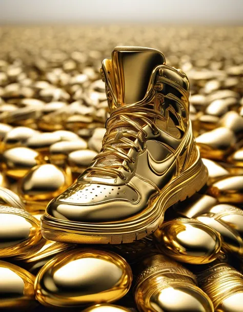 A huge golden trophy,(best quality,highres,ultra-detailed,realistic:1.37),golden trophy towering among countless worn-out running shoes, a testament to hard work and dedication, trophy shines brightly under the spotlight, gleaming reflections on its polish...