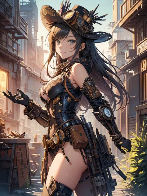 (Line art_anime),(Cowboy Shot,Low Angle, highest quality, ),(Laura Budd Photos:1.2),(Laura Add details:1.0),8k, Flat Color:0.8,1 girl,smile,(Highly decorative and complex mechanical steampunk fashion, Lace flare dolphin hat、Goggles 1.5、machinery background...