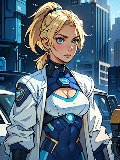 (Blonde teenager), 18 years old, blue eyes, (short golden hair), (ponytail), small breasts. She wears a blue sci-fi suit with white jacket, cleavage. In the futuristic city, day