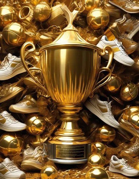 in style of Maximalism , Big golden trophy，background：Lots of worn-out sneakers，