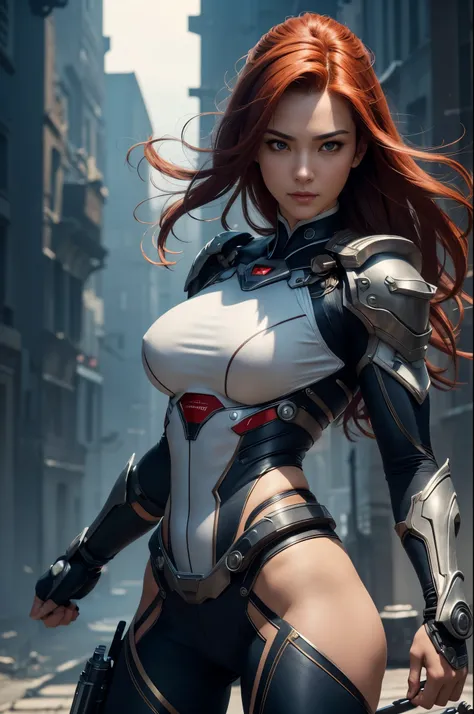 8K,A woman with one arm who is a cyborg,Super Beauty(Realistic Skin),Martial Arts Posture,Powerful gaze,Muscular, slim body and lower body,Fearless smile,Red hair mohawk,Perfect Anatomy,charm,Volume measurement,Body balance,Digital single-lens reflex camer...