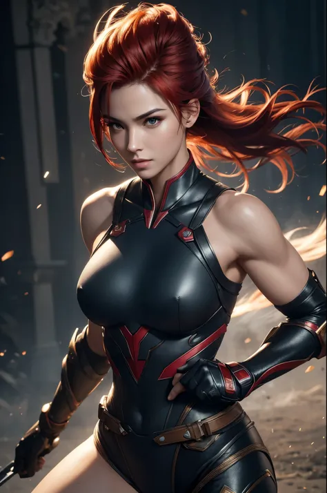 8K,A woman with a mechanical arm,Super Beauty(Realistic Skin),Martial Arts Posture,Powerful gaze,Muscular, slim body and lower body,Fearless smile,Red hair mohawk,Perfect Anatomy,charm,Volume measurement,Body balance,Digital single-lens reflex camera, Soft...