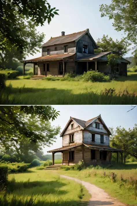 An old house in the countryside with only a dilapidated house, realistic style, pastoral style